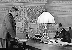Workroom: Benito Mussolini in his workroom in Rome, 1928