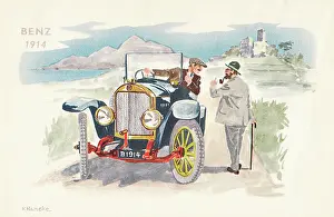 Cranking: Benz car on a postcard