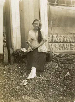 Grenville Collins / Tom Gillmor Collection: Bessie Benson photographed in front of her Bathing Machine