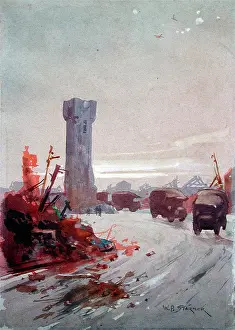 Exhib: Bethune : the Clock Tower and convoy of lorries