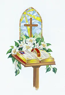 Comerford: Bible and stained glass window with lilies