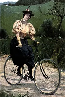 Bicyclist: bicycle, bikerider, circa 1900, print after coloured
