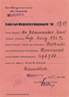 Post War: Bicycle register card, community of Windsheim, Germany