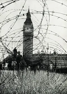 Barbed: Big Ben viewed through barbed wire, London, WW2