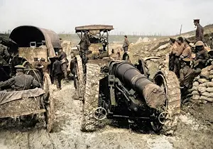 Muddy: Big gun transported in bad weather, Western Front, WW1