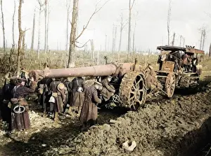 Muddy: Big gun being transported, Western Front, WW1