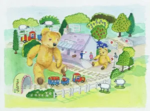 Barnett: Big teddy bear and little teddy bear with a train set
