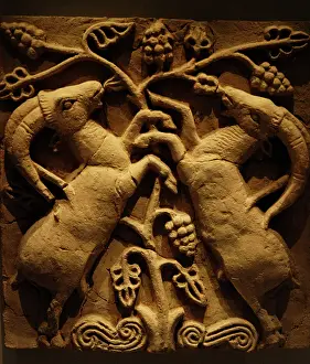 Goat: Billy goats next to a vine. 6th-7th centuries. Relief