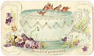 David Pearson: Birds with cup and saucer on a greetings card