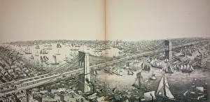 C1883: Bird's-eye view of the great suspension bridge, connecting t