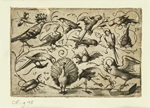 Tendril: Ten birds on small foliage tendrils with a stork