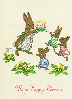 Rabbits: Birthday card, Many Happy Returns, rabbits with cake