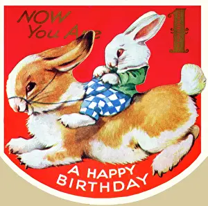Bunny: Birthday Card, Rabbit riding on larger Rabbit