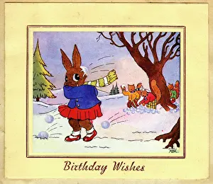 Bunny: Birthday Card, rabbit snowballed by squirrels