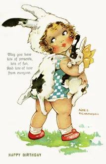 Bunny: Birthday postcard, Girl in rabbit outfit carrying a bunny
