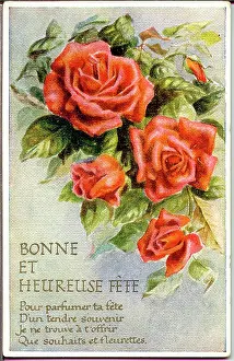 Bonne: Birthday postcard, Orange roses, Bonne et Heureuse Fete