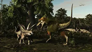 Prowling: Bistahieversor attacking a pair of Pentaceratops
