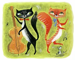 Kitsch: Black cat with double bass ginger cat dancing