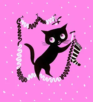 Retro Christmas: Black Cat hanging up Stocking