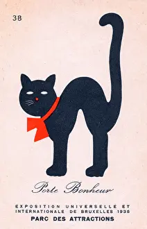 Bonheur: Black cat with red ribbon on a Belgian postcard
