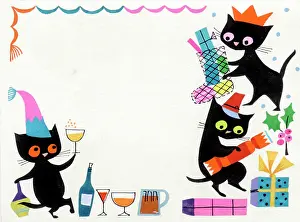 Retro Christmas: Three black cats with stocking, cracker, parcels and wine