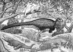 Textured: Black ink drawing of extinct animals from the Hell Creek ?