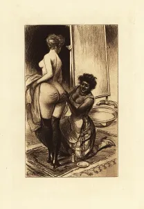 Enslaved: A black slave rubbing cream into a white woman's buttocks
