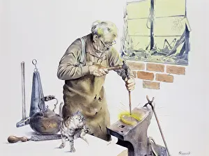 Scratches: Blacksmith hammering a horseshoe