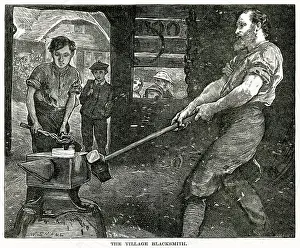 Forging: Blacksmith hammering at a lump of metal with a long hammer
