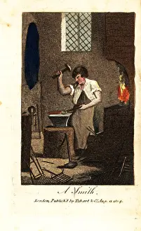 Rocker: Blacksmith using hammer and tongs to beat