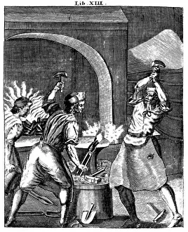 Charcoal: Blacksmiths at work. Note heavy leather aprons