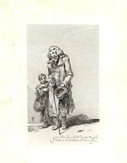 Bunhill: Blind beggar with walking stick attended by