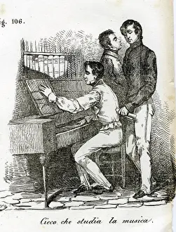 Impaired: Blind men studying music at a piano keyboard