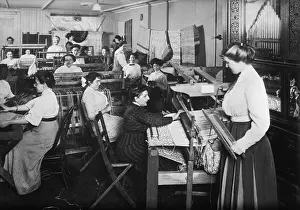 Sightless: Blind women weaving at looms accompanied ?
