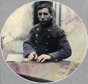 Sightless: Blinded French soldier learning to write, WW1