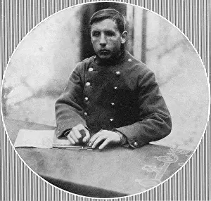 Blinded: Blinded French soldier learning to write, WW1