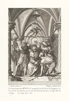 Mocked: Blindfolded Jesus Christ is mocked and beaten by his guards