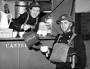 Canteens: Blitz in London -- tea break for AFS firefighter, WW2