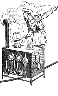 Blondin: Blondin cooking an omelette in a high-wire act, 19th century