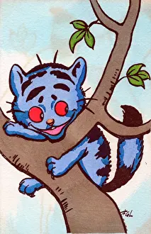 Lewin: Blue cat in a tree on a postcard