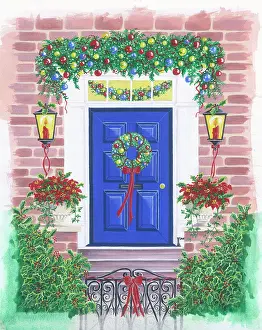 Groucutt: Blue front door with holly wreath