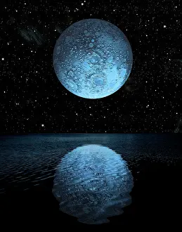 Satellites: A blue moon rising over a calm alien ocean with a starry ?