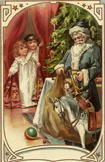 Robed: Blue Suited Santa Opens Sack of Toys