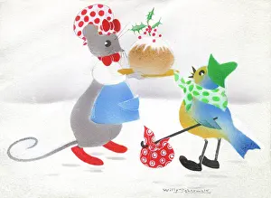 Schermele: Blue Tit and Mouse with Christmas pudding