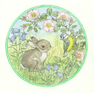 Medici Society (molly Brett): Blue tit on rose branch and rabbit