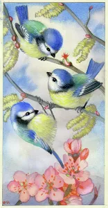 Hazel: Blue Tits with hazel catkins and blossom