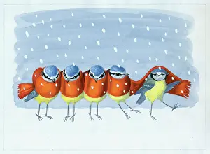 Five Blue Tits with a red scarf in the snow