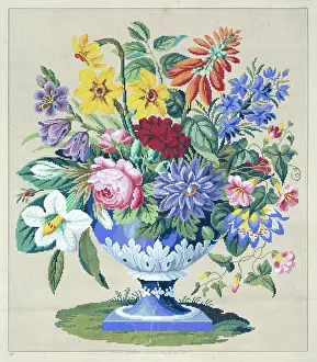 Afterwards: Blue Urn with Bouquet – woolwork design
