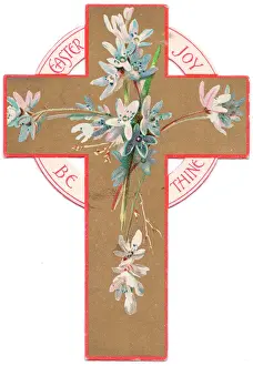 Blue and white flowers on a cross-shaped Easter card