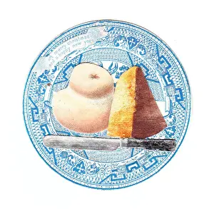 Chunk: Blue and white plate with bread on a Christmas card
